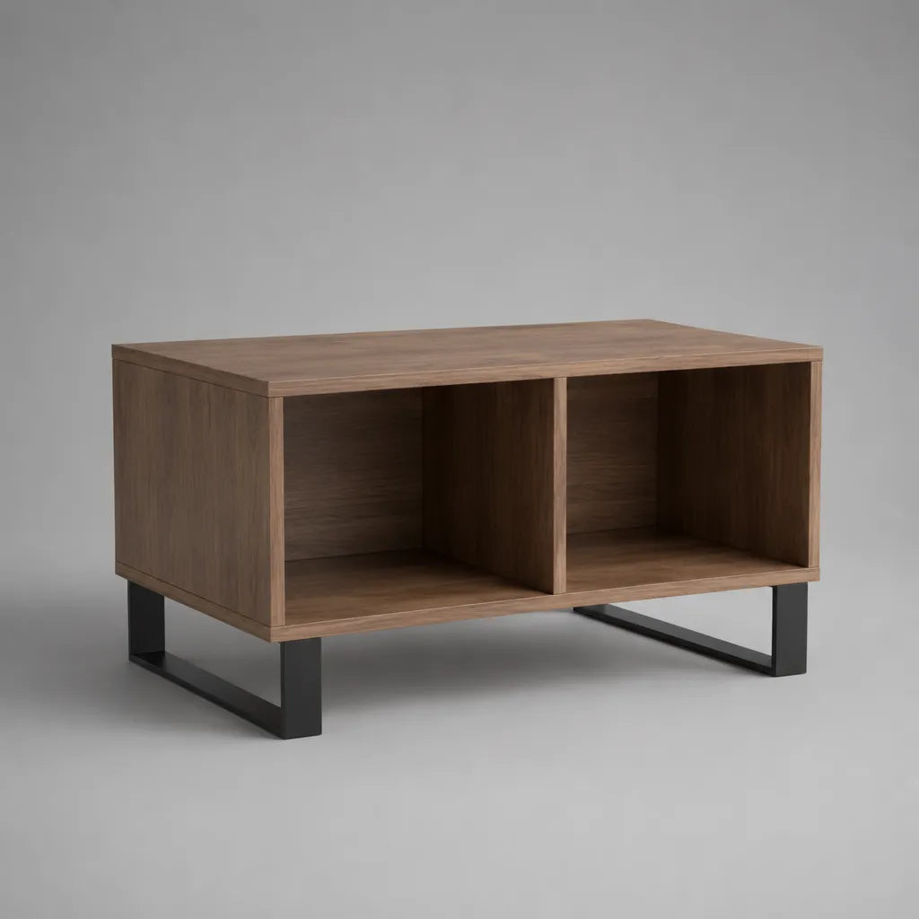 Rechteckiger Couchtisch aus Holzwerkstoff und Stahl mit 2 offenen Fächern, Braun/Schwarz, 90 × 50 × 50 cm