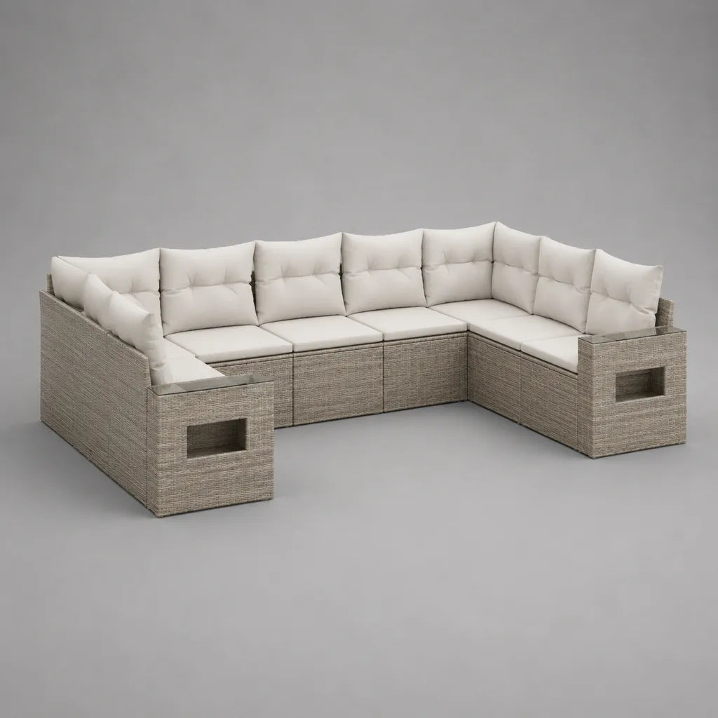 Gartensofa-Set in U-Form, 6-Sitzer aus PE-Polyrattan mit Polyesterpolstern, Grau/Cremeweiß, 320 × 220 × 70 cm