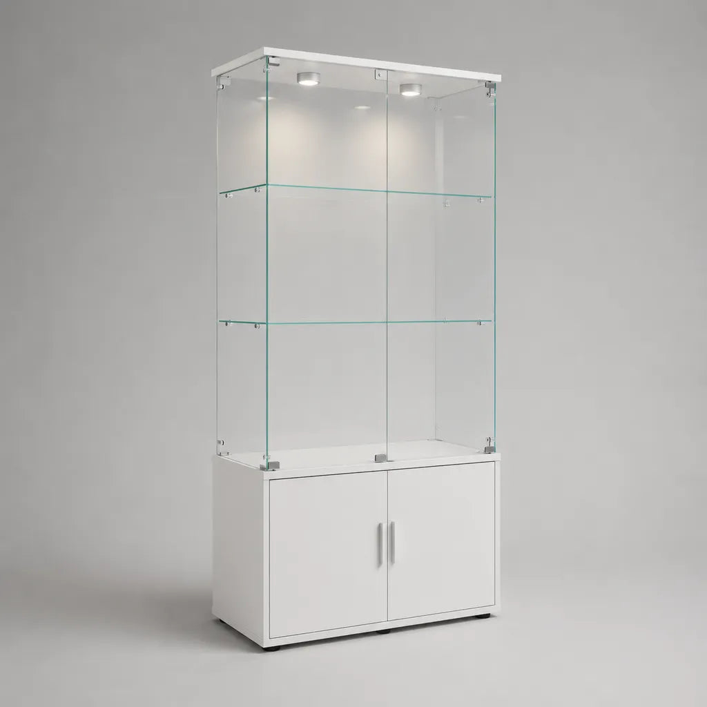 Glasvitrine mit Unterschrank und LED-Beleuchtung aus Sicherheitsglas und MDF, Weiß, 80 × 40 × 180 cm