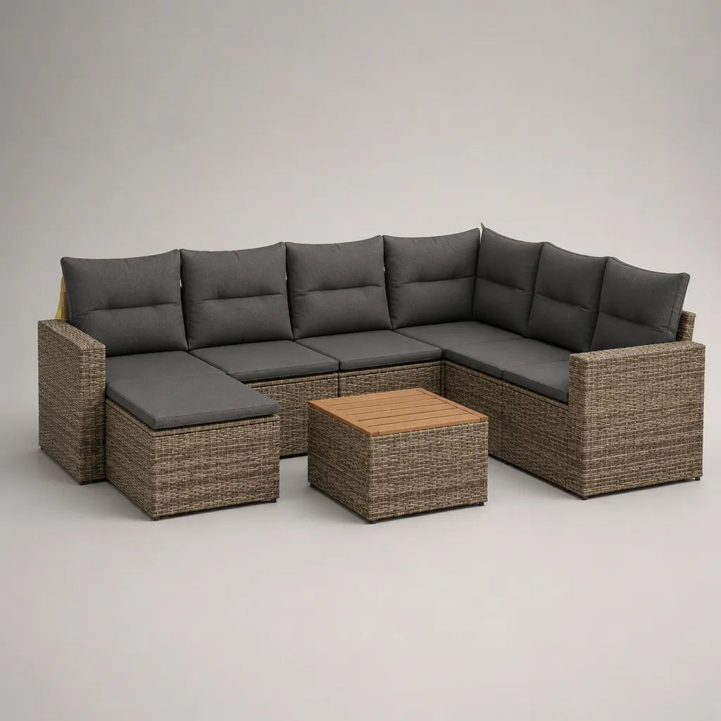 6-Sitzer-Gartensofa-Set in U-Form aus PE-Rattan und Stahl, Braun/Anthrazit, Sofa 260 x 190 x 75 cm, Tisch 65 x 65 x 35 cm