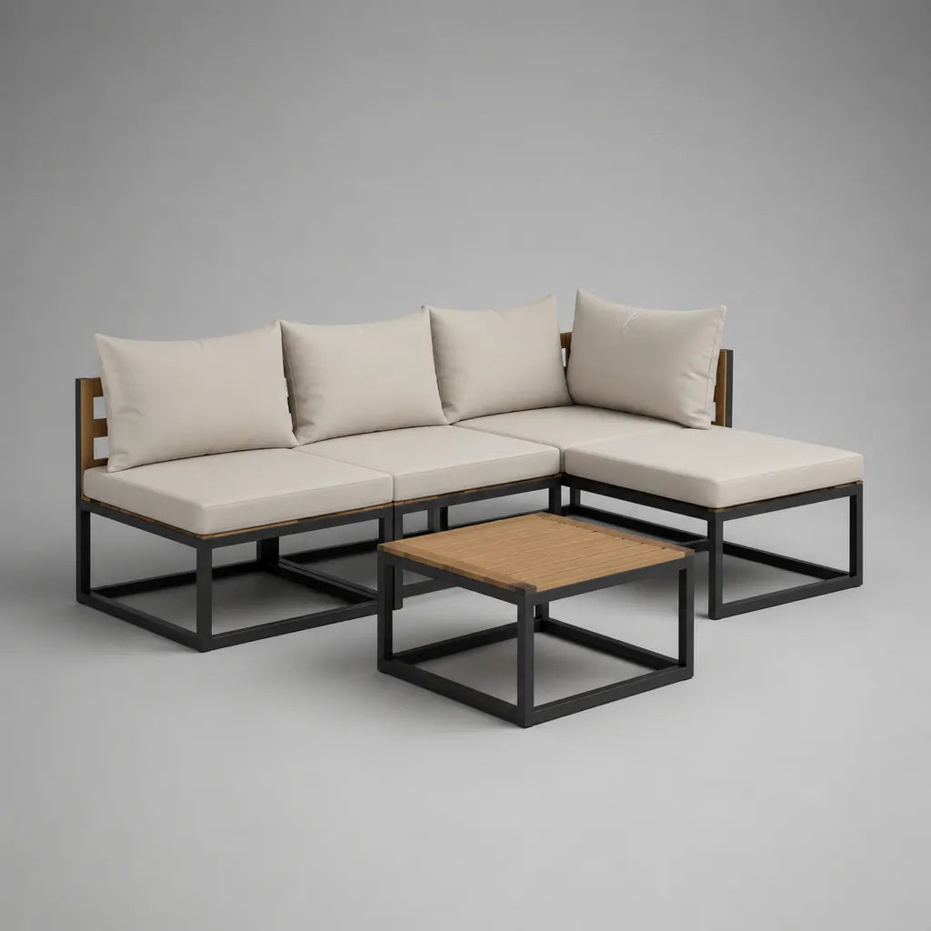 4-teiliges L-förmiges Gartensofa-Set aus Stahl und Holz, Beige/Schwarz/Naturbraun, 228 × 151 × 78 cm