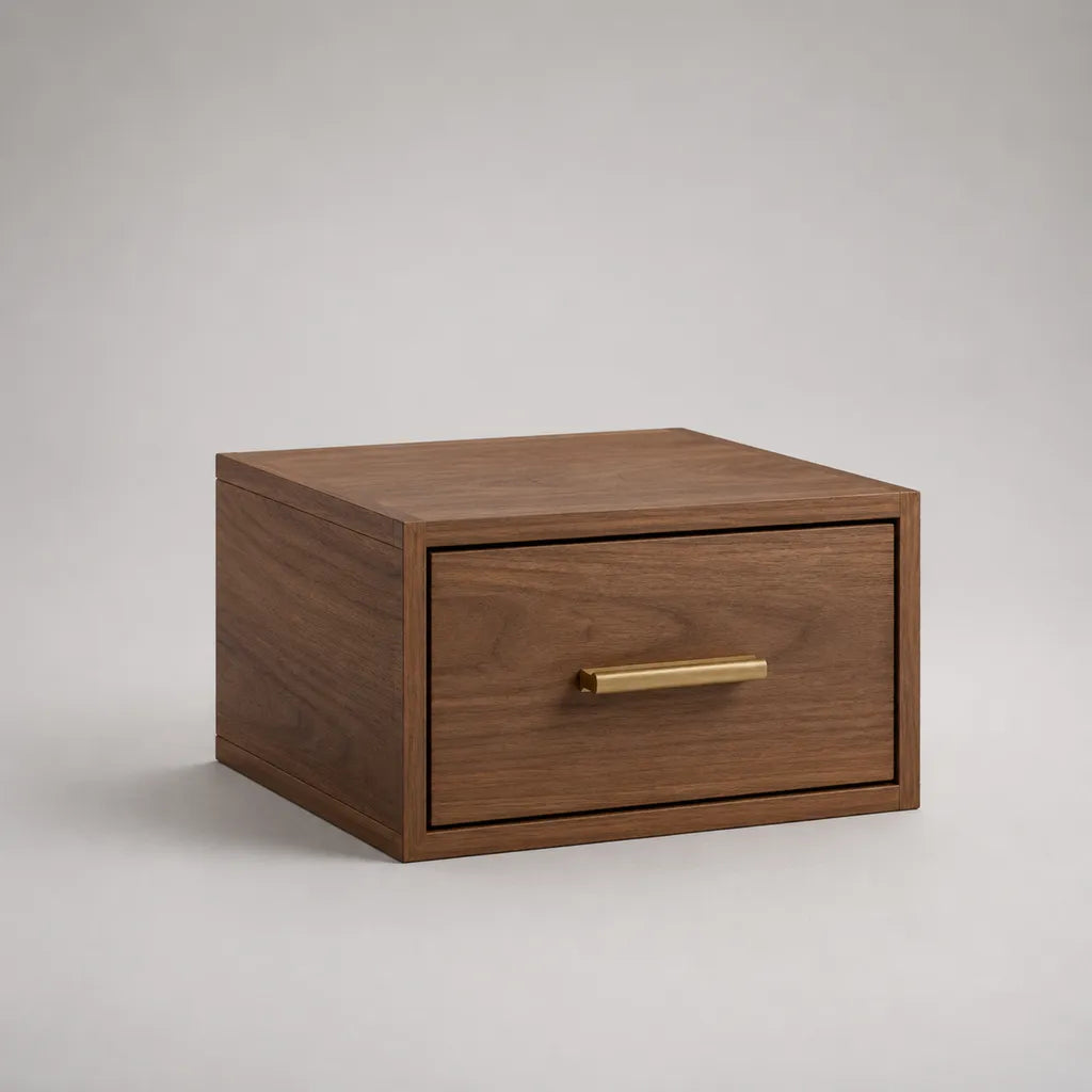 Rechteckiger Nachttisch aus MDF mit Walnussfurnier, 1 Schublade, Braun/Messingfarben, 50 × 40 × 40 cm