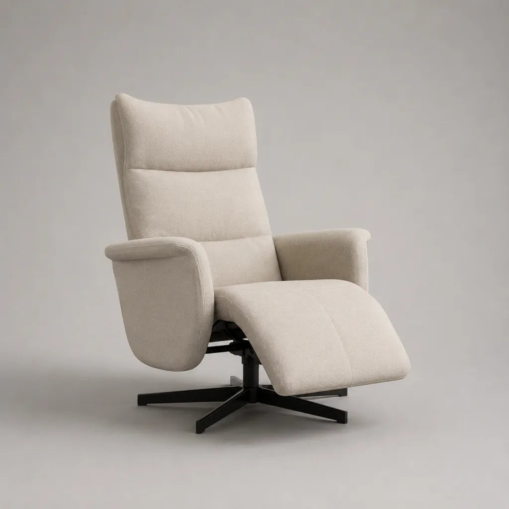 Drehbarer Relaxsessel mit Fußstütze und hoher Rückenlehne, Polyester-Bouclé und Stahlgestell, Cremeweiß/Schwarz, 76 × 88 × 108 cm, ausgeklappt 76 × 158 × 85 cm