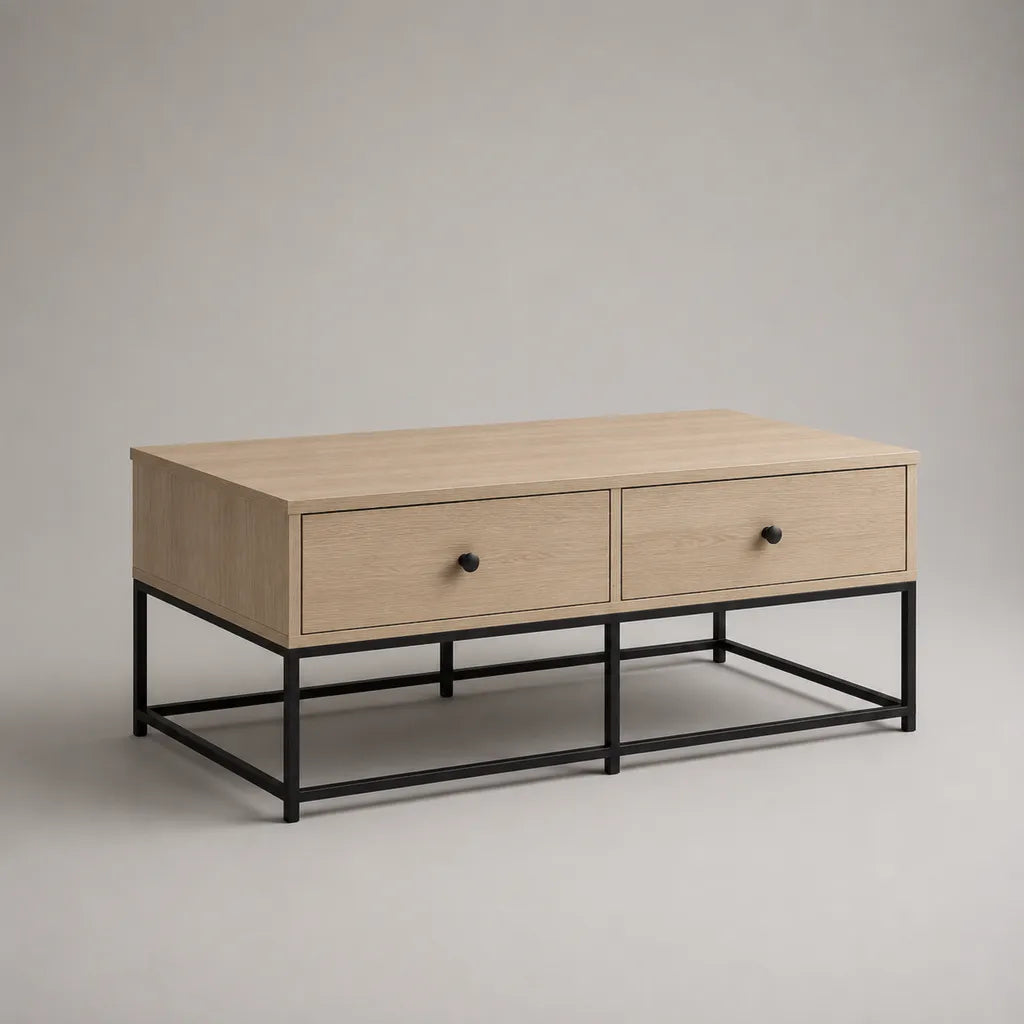 Rechteckiger Couchtisch mit 2 Schubladen aus MDF mit Eichenfurnier und Stahl, Eiche natur/Schwarz, 100 × 55 × 45 cm