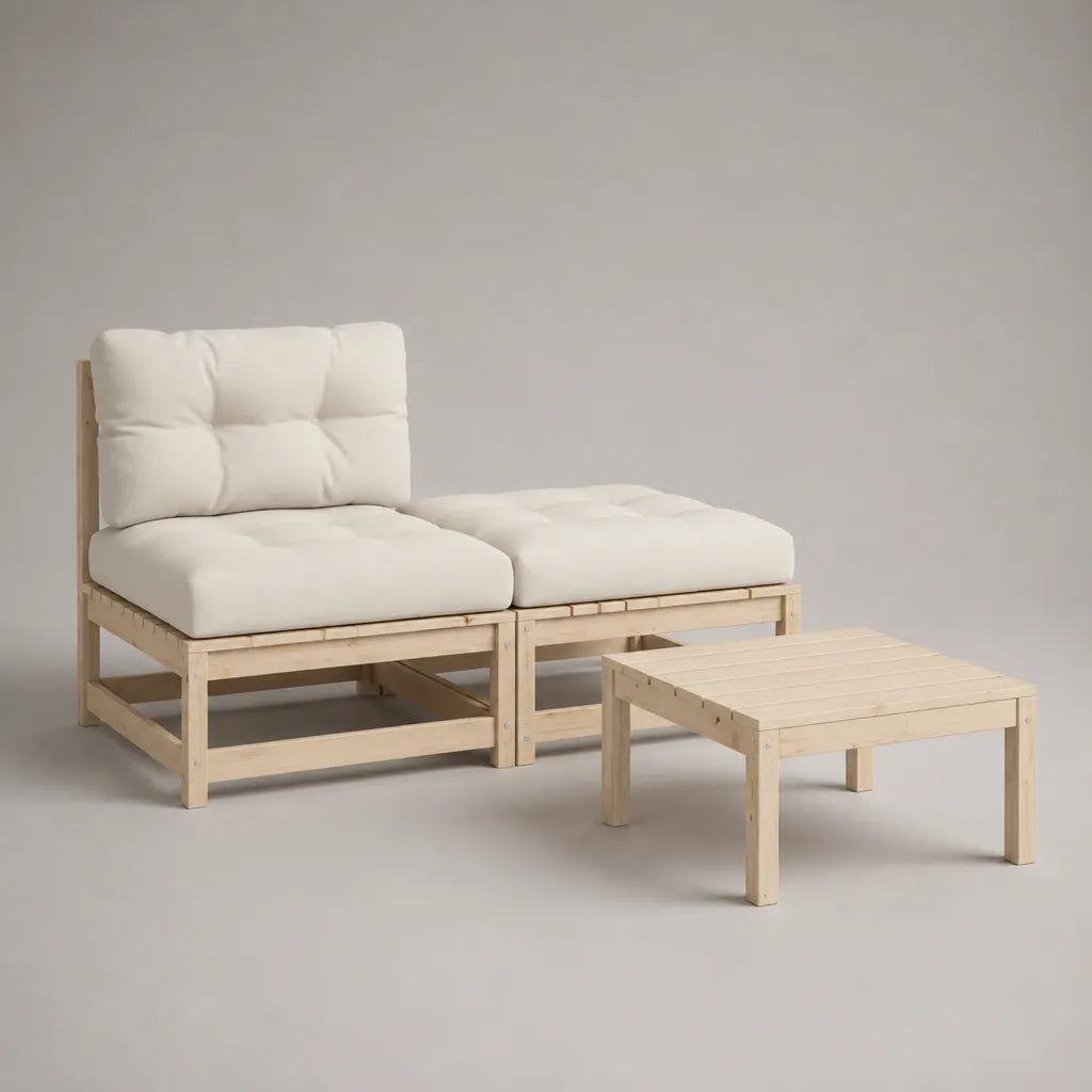 3-teilige Gartensofa-Garnitur aus massivem Kiefernholz, Natur und Cremeweiß, Sessel 80 × 76 × 82 cm, Hocker 80 × 76 × 44 cm, Tisch 80 × 60 × 38 cm