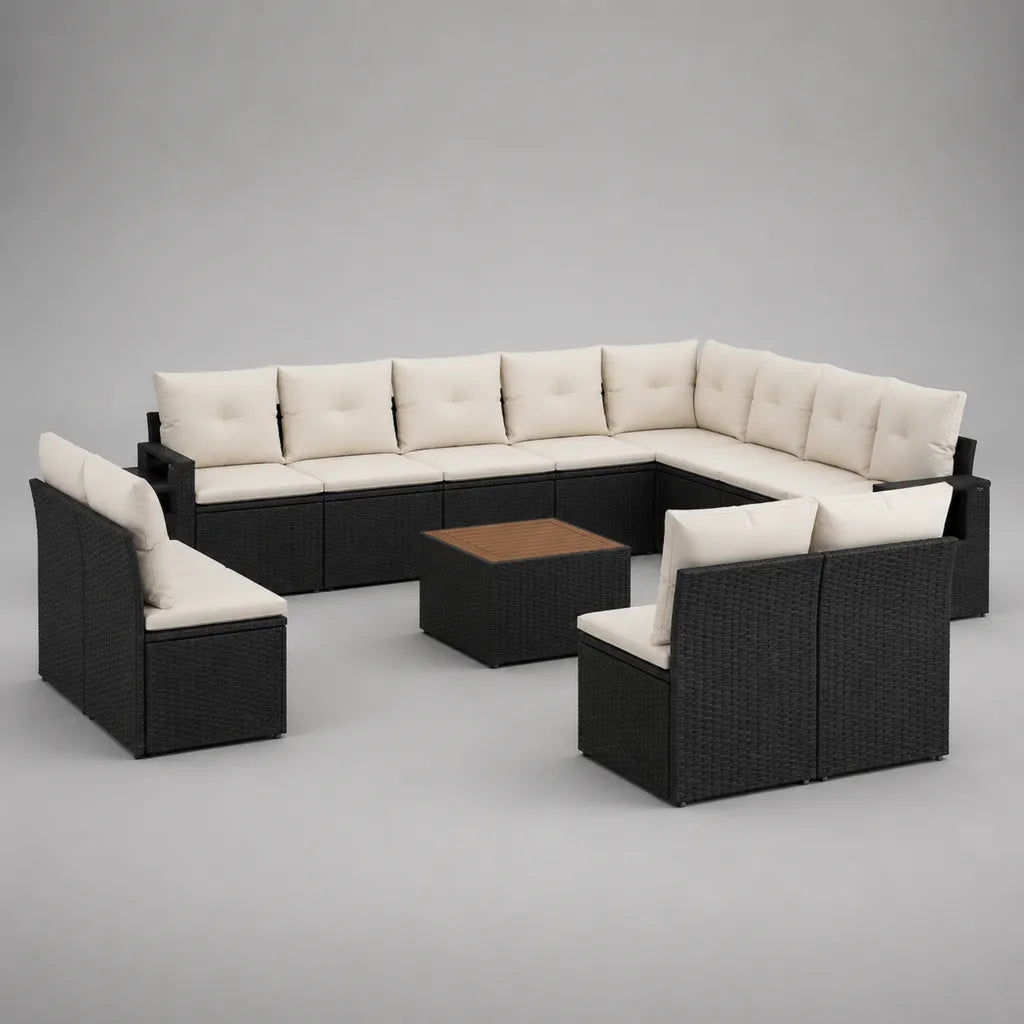 13-teiliges Garten-Loungeset aus PE-Rattan mit Stahlgestell und Polstern, Schwarz/Creme/Braun, Sofamodule 70 x 70 x 70 cm, Tisch 60 x 60 x 35 cm