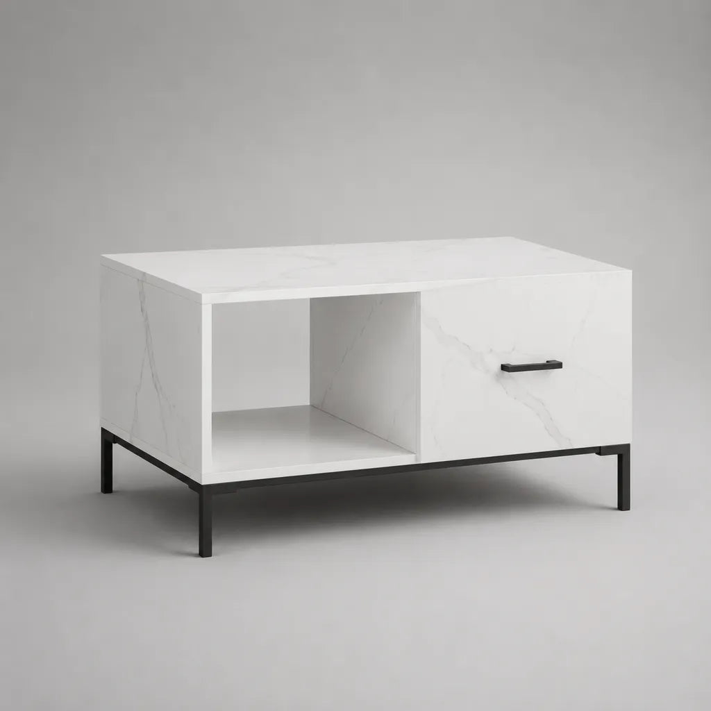 Rechteckiger Couchtisch Weiß/Schwarz in Marmoroptik, 90 × 50 × 45 cm, Spanplatte und Stahl, mit Schublade und Ablagefach