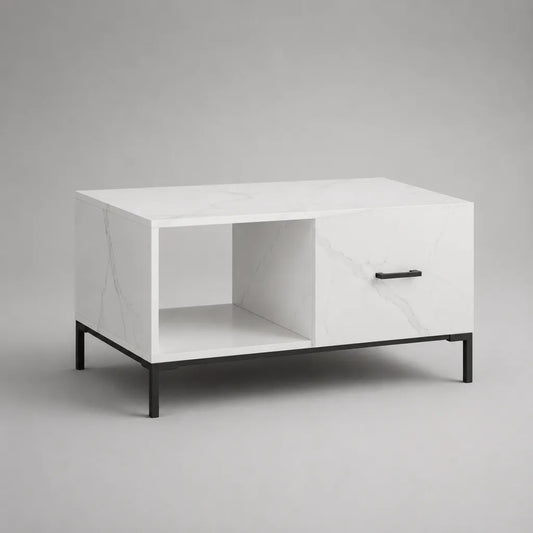 Rechteckiger Couchtisch Weiß/Schwarz in Marmoroptik, 90 × 50 × 45 cm, Spanplatte und Stahl, mit Schublade und Ablagefach