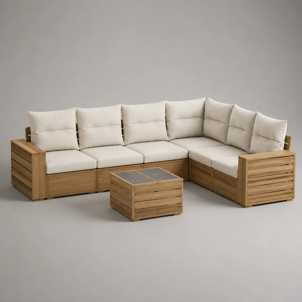 2-teiliges Garten-Lounge-Set aus Akazien-Massivholz mit L-förmigem 5-Sitzer-Ecksofa 240 x 240 x 75 cm und Couchtisch 70 x 70 x 45 cm, Creme/Naturbraun/Grau