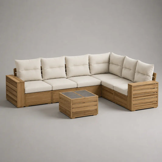 2-teiliges Garten-Lounge-Set aus Akazien-Massivholz mit L-förmigem 5-Sitzer-Ecksofa 240 x 240 x 75 cm und Couchtisch 70 x 70 x 45 cm, Creme/Naturbraun/Grau