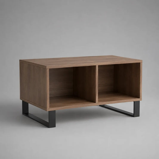 Rechteckiger Couchtisch aus Holzwerkstoff und Stahl mit 2 offenen Fächern, Braun/Schwarz, 90 × 50 × 50 cm
