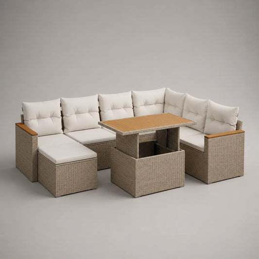 Gartensofa-Set mit Esstisch und Hocker aus PE-Rattan, Akazienholz und Stahl, Beige, Cremeweiß und Naturbraun, U-Form, 242 × 180 × 74 cm