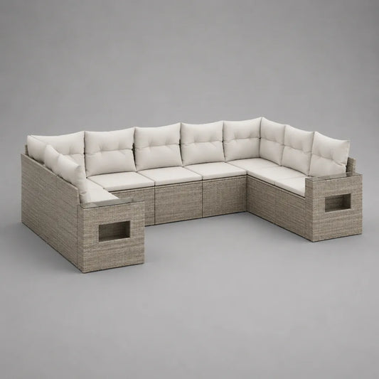 Gartensofa-Set in U-Form, 6-Sitzer aus PE-Polyrattan mit Polyesterpolstern, Grau/Cremeweiß, 320 × 220 × 70 cm