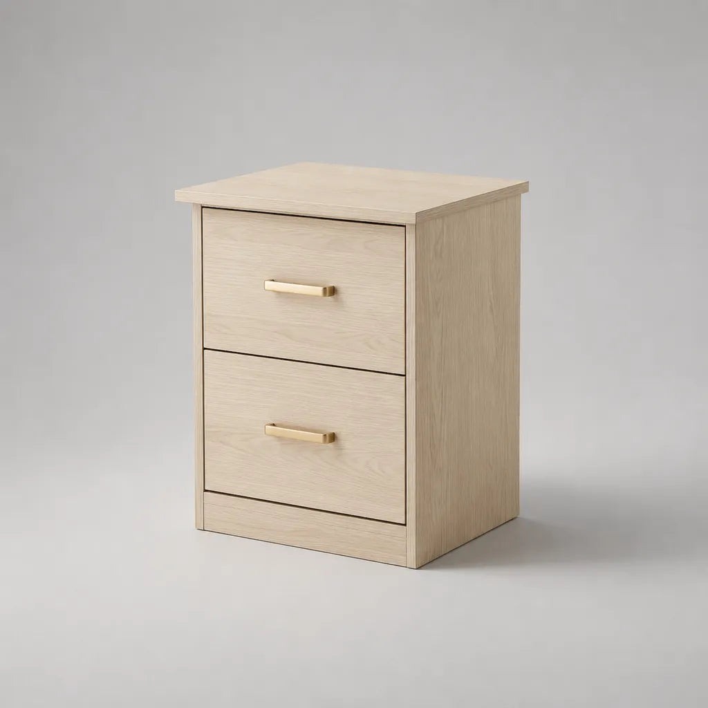 Nachttisch mit 2 Schubladen aus melaminharzbeschichteter Spanplatte, Beige in heller Eichenoptik und Messingfarben, 40 × 35 × 55 cm
