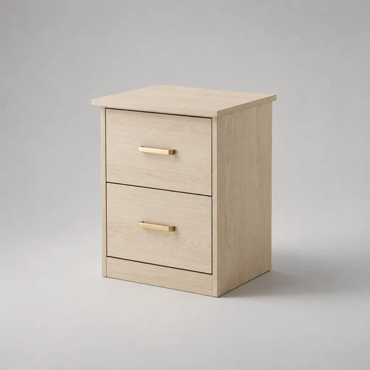 Nachttisch mit 2 Schubladen aus melaminharzbeschichteter Spanplatte, Beige in heller Eichenoptik und Messingfarben, 40 × 35 × 55 cm