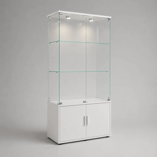 Glasvitrine mit Unterschrank und LED-Beleuchtung aus Sicherheitsglas und MDF, Weiß, 80 × 40 × 180 cm