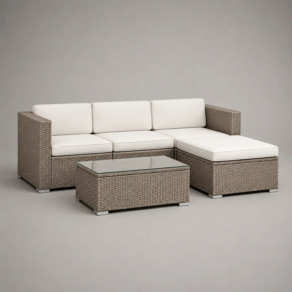 Garten-Loungeset 3-teilig aus PE-Rattan und Stahl, L-förmig, Taupe und Cremeweiß, 229 × 145 × 73 cm