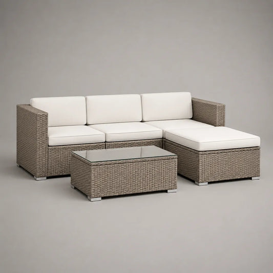 Garten-Loungeset 3-teilig aus PE-Rattan und Stahl, L-förmig, Taupe und Cremeweiß, 229 × 145 × 73 cm