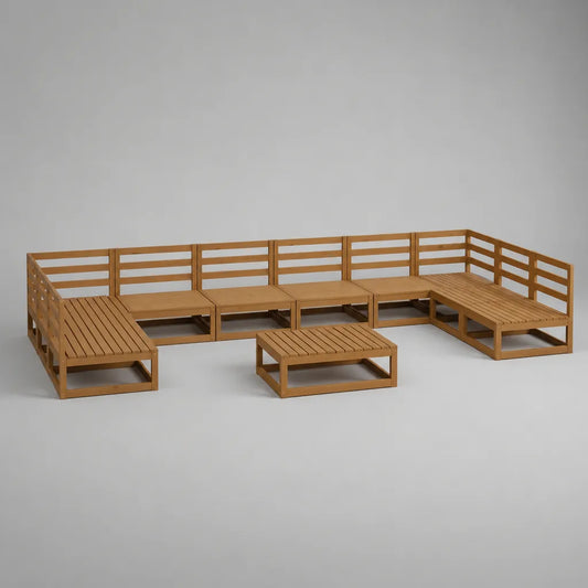 11-teiliges U-förmiges Gartensofa-Set aus massivem Kiefernholz, Honigbraun, 381 × 190,5 × 62,5 cm