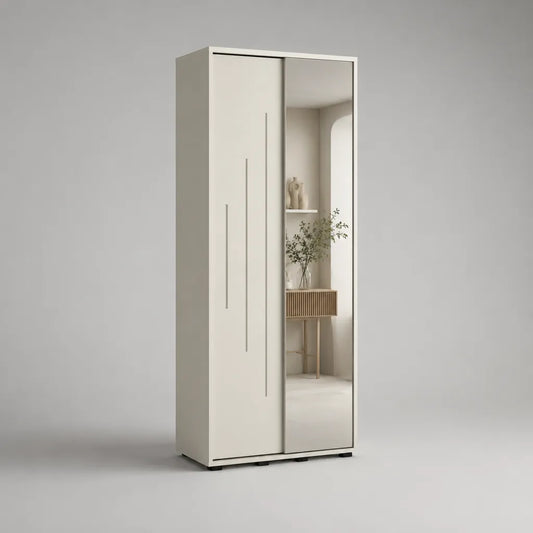 Kleiderschrank mit Spiegel und 2 Schiebetüren aus Spanplatte, Weiß/Silber, 80 × 50 × 180 cm