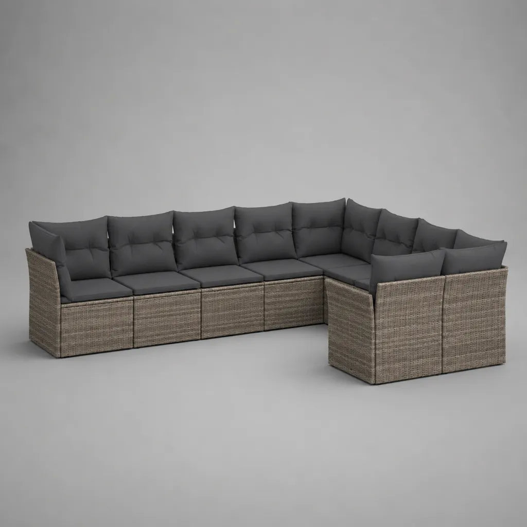 Gartensofa-Ecksofa, 7-teilig, 7-Sitzer, aus PE-Polyrattan und Metall mit Polyesterkissen, L-Form, Grau/Anthrazit, 325 × 195 × 74 cm