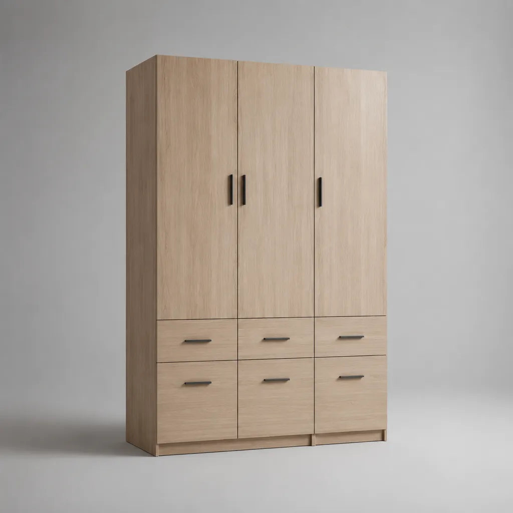 Kleiderschrank aus melaminbeschichteter Spanplatte, 3-türig mit 6 Schubladen, Eiche hell und Schwarz, 150 × 55 × 200 cm