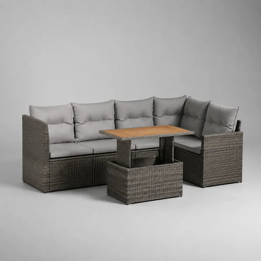 3-teilige Garten-Sitzgruppe aus PE-Rattan mit höhenverstellbarem Akazienholz-Tisch, L-Form, Grau/Braun, 205 × 205 × 85 cm
