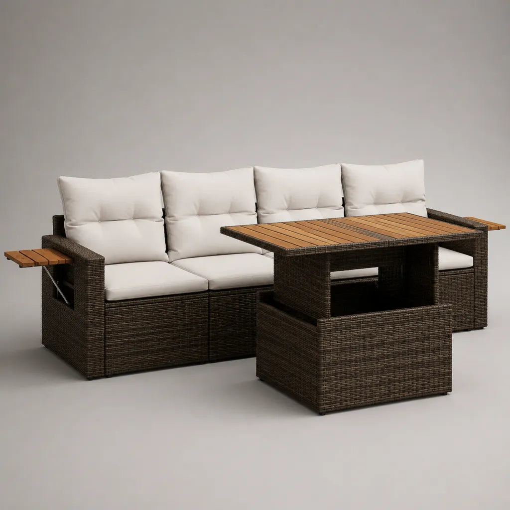 2-teiliges 4-Sitzer-Gartensofa-Set aus PE-Rattan und Akazienholz, Braun und Cremeweiß, Sofa 270 × 75 × 85 cm, Esstisch 140 × 75 × 68 cm