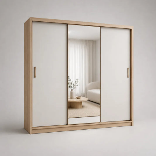 Schwebetürenschrank mit Spiegel, 3 Schiebetüren, melaminbeschichtete Spanplatte, eichefarben und weiß, 240 × 62 × 210 cm