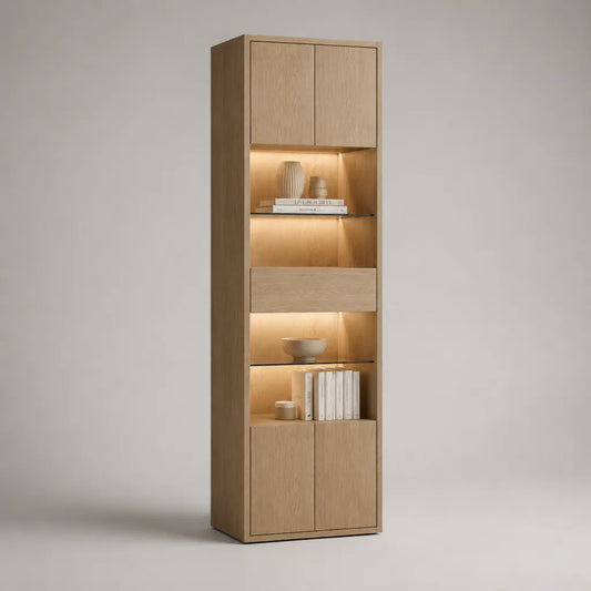 Vitrinenschrank mit LED-Beleuchtung, 2 Glasböden und 4 Türen, Eiche Natur, 200 x 60 x 35 cm, MDF mit Eichenfurnier