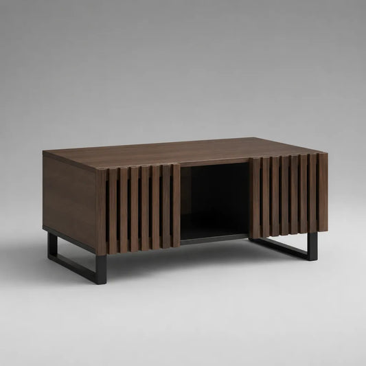 Rechteckiger Couchtisch aus MDF und Stahl mit Stauraum, Dunkelbraun/Schwarz, 100 × 50 × 45 cm