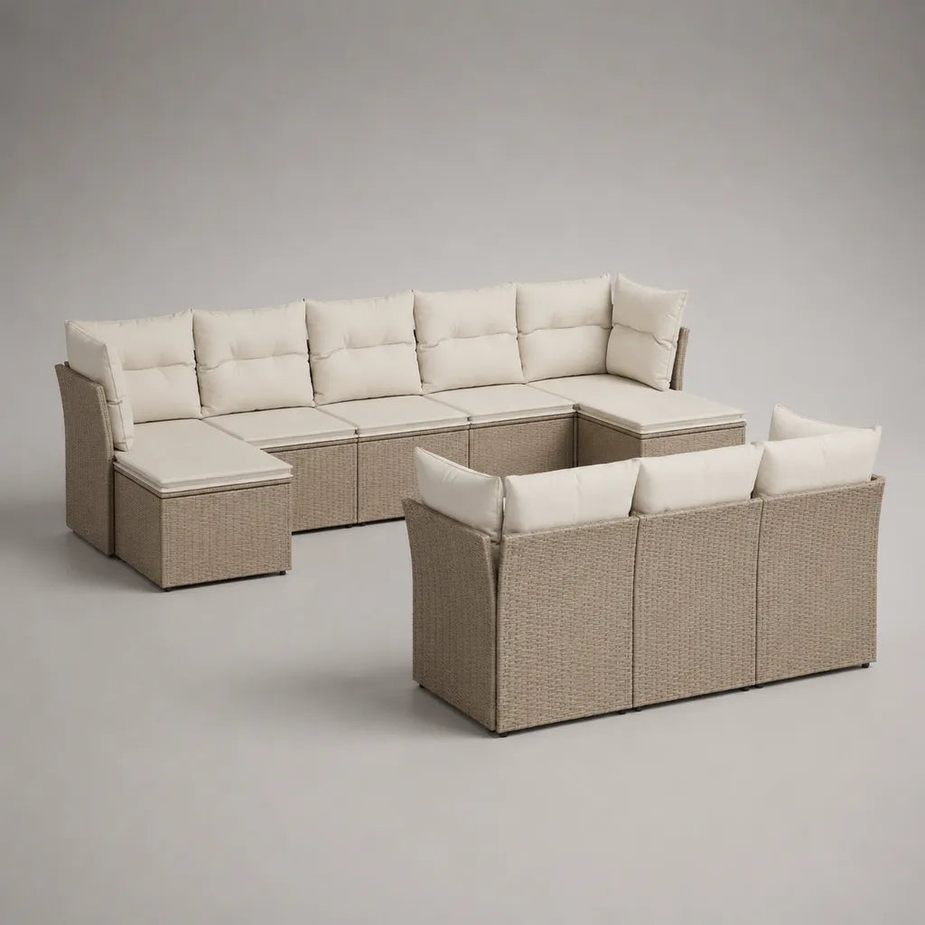 Gartensofa-Set 8-teilig, 8-Sitzer aus PE-Rattan und Stahl mit Polyesterkissen, Beige und Cremeweiß, Module ca. 68–70 x 70 x 72 cm