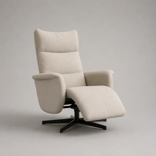 Drehbarer Relaxsessel mit Fußstütze und hoher Rückenlehne, Polyester-Bouclé und Stahlgestell, Cremeweiß/Schwarz, 76 × 88 × 108 cm, ausgeklappt 76 × 158 × 85 cm