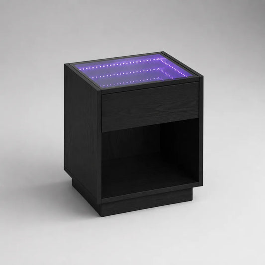 Nachttisch aus Holz und Glas mit Schublade, Ablagefach und violettem LED-Spiegeleffekt, Schwarz, 45 × 40 × 55 cm