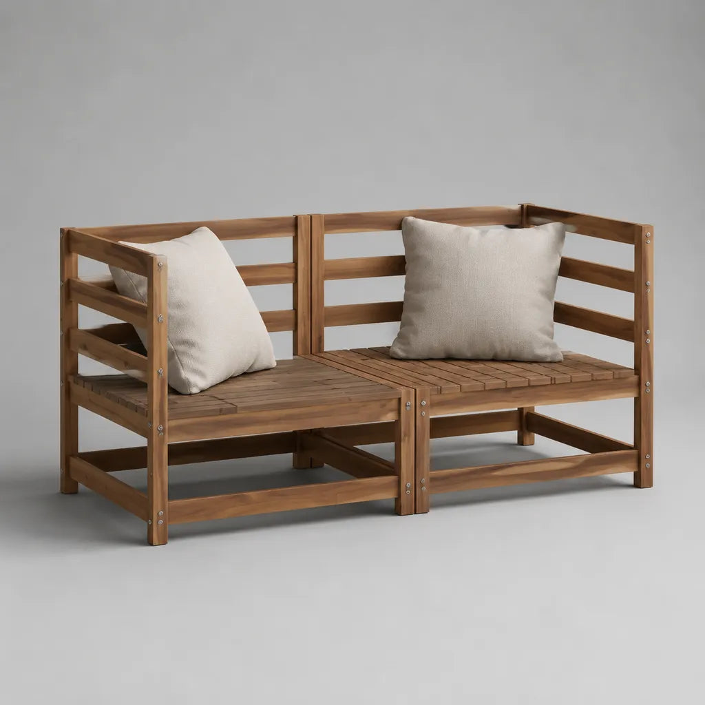 2-Sitzer-Gartensofa, 2-teilig, aus massivem Akazienholz mit 2 Rückenkissen, Braun/Creme, 140 × 70 × 60 cm