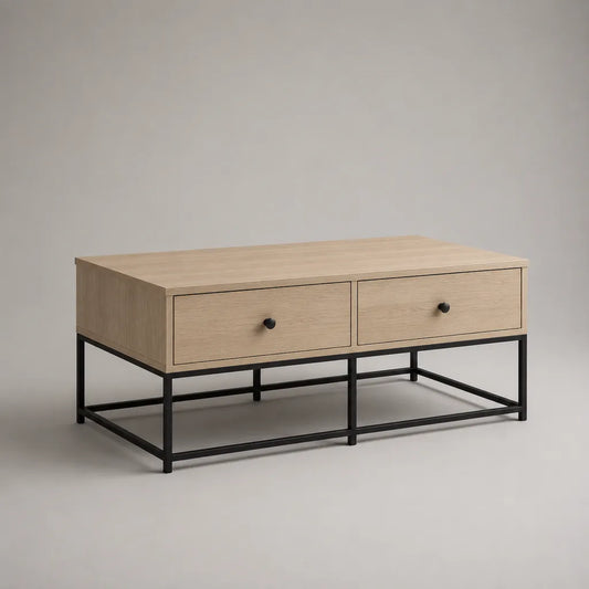 Rechteckiger Couchtisch mit 2 Schubladen aus MDF mit Eichenfurnier und Stahl, Eiche natur/Schwarz, 100 × 55 × 45 cm