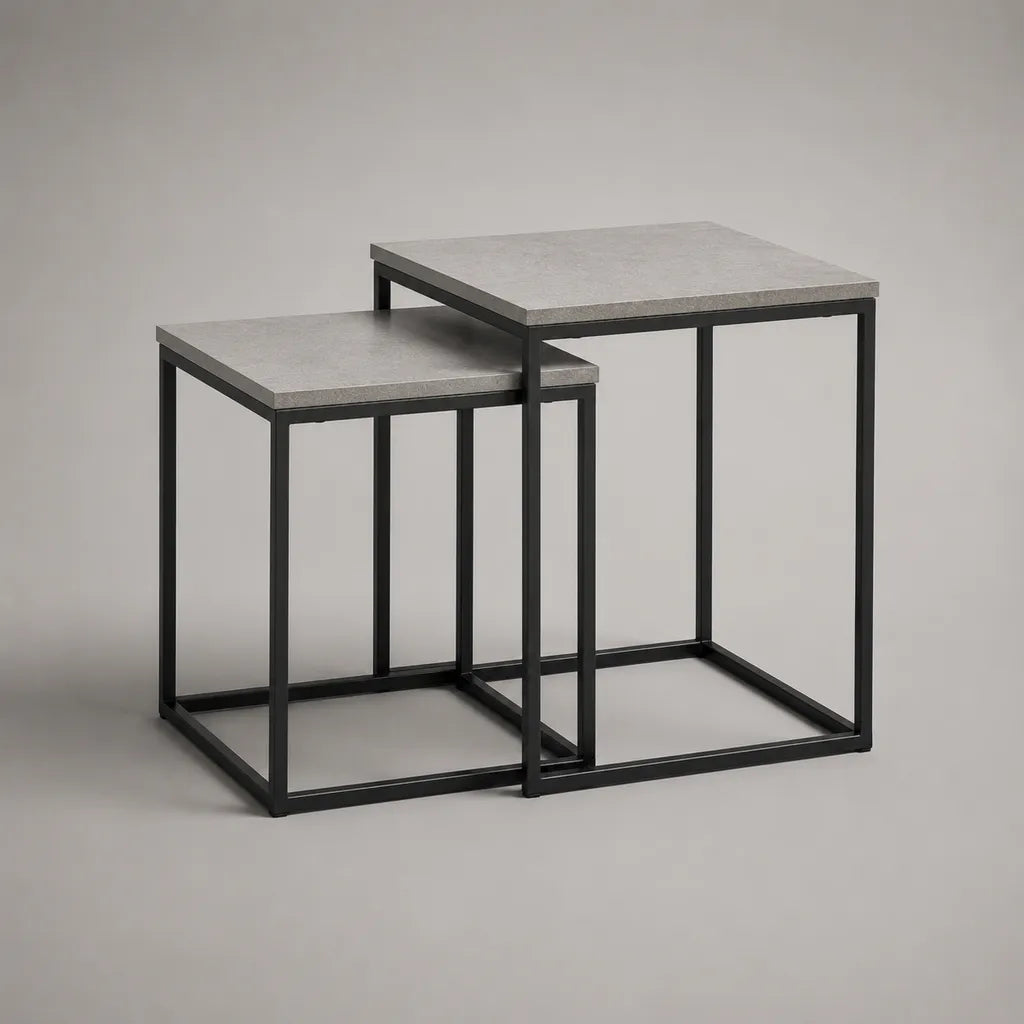 2-teiliges quadratisches Couchtisch-Set aus MDF und Stahl, Grau/Schwarz, 50 × 50 × 50 cm und 40 × 40 × 40 cm