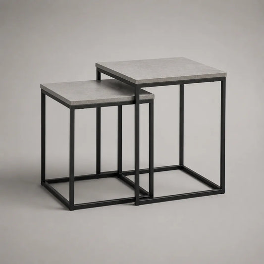 2-teiliges quadratisches Couchtisch-Set aus MDF und Stahl, Grau/Schwarz, 50 × 50 × 50 cm und 40 × 40 × 40 cm