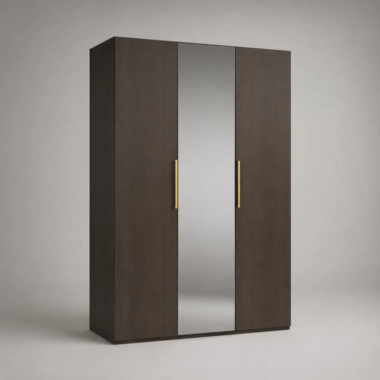 3-türiger Kleiderschrank aus melaminbeschichteter Spanplatte mit Spiegel, Dunkelbraun, 150 × 55 × 200 cm
