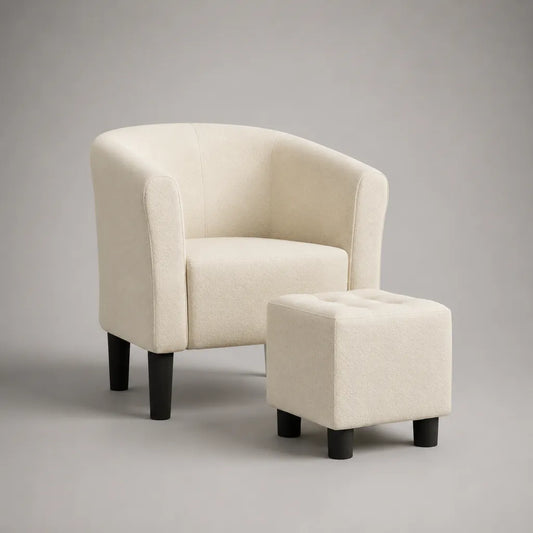 2-teiliger Bouclé-Sessel mit Hocker aus Polyester, Creme/Schwarz, Sessel 72 × 70 × 78 cm, Hocker 50 × 40 × 38 cm