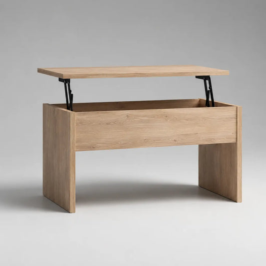Höhenverstellbarer Couchtisch mit Stauraum aus Spanplatte und Stahl, Eiche Natur/Schwarz, 100 × 50–68 × 48–62 cm