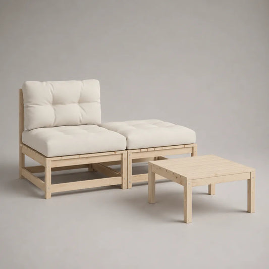 3-teilige Gartensofa-Garnitur aus massivem Kiefernholz, Natur und Cremeweiß, Sessel 80 × 76 × 82 cm, Hocker 80 × 76 × 44 cm, Tisch 80 × 60 × 38 cm