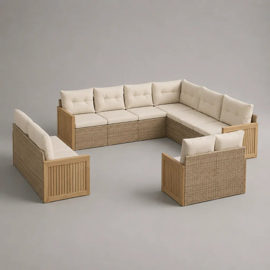 Gartenlounge-Sofa-Set, 9-Sitzer, 7-teilig, U-Form, Akazienmassivholz und PE-Rattan, Creme, Beige und Natur, 300 × 285 × 76 cm