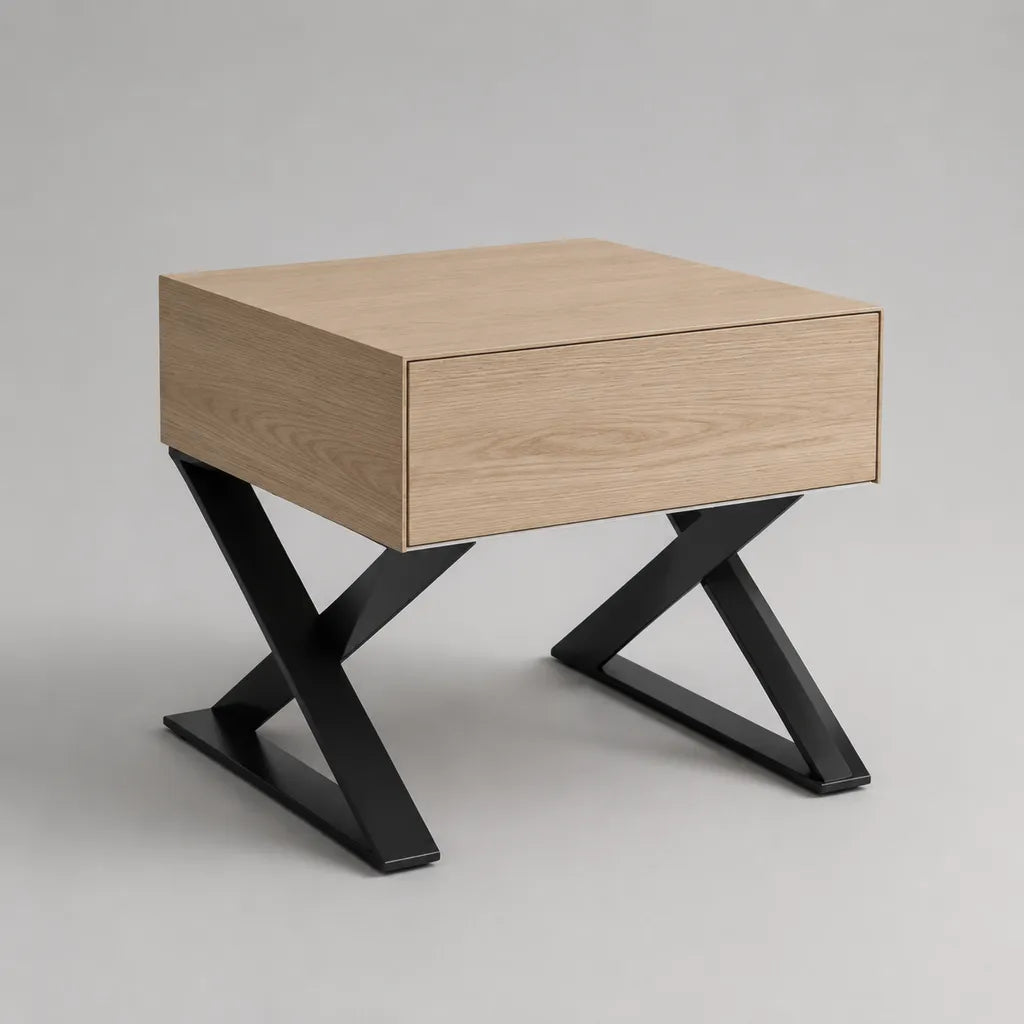 Nachttisch aus MDF und Stahl mit Schublade, Natur-Eiche/Schwarz, 50 × 40 × 55 cm