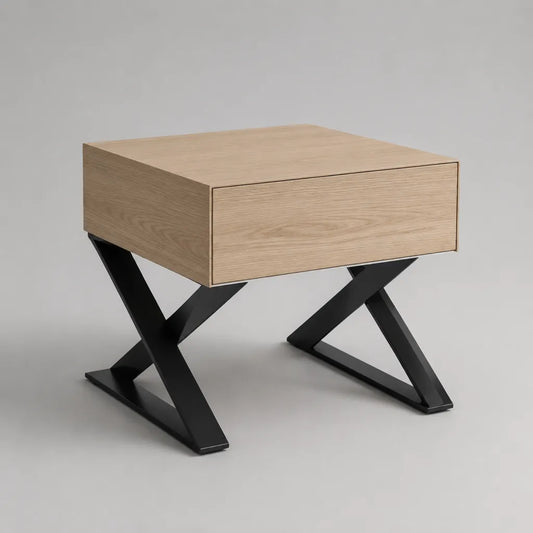 Nachttisch aus MDF und Stahl mit Schublade, Natur-Eiche/Schwarz, 50 × 40 × 55 cm