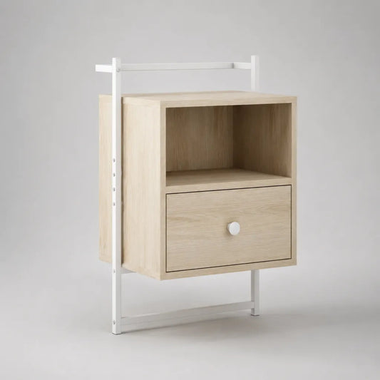 Nachttisch mit Schublade und offenem Fach aus MDF und Stahl, Naturfarben/Weiß, 45 × 35 × 70 cm