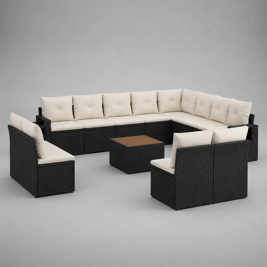 13-teiliges Garten-Loungeset aus PE-Rattan mit Stahlgestell und Polstern, Schwarz/Creme/Braun, Sofamodule 70 x 70 x 70 cm, Tisch 60 x 60 x 35 cm