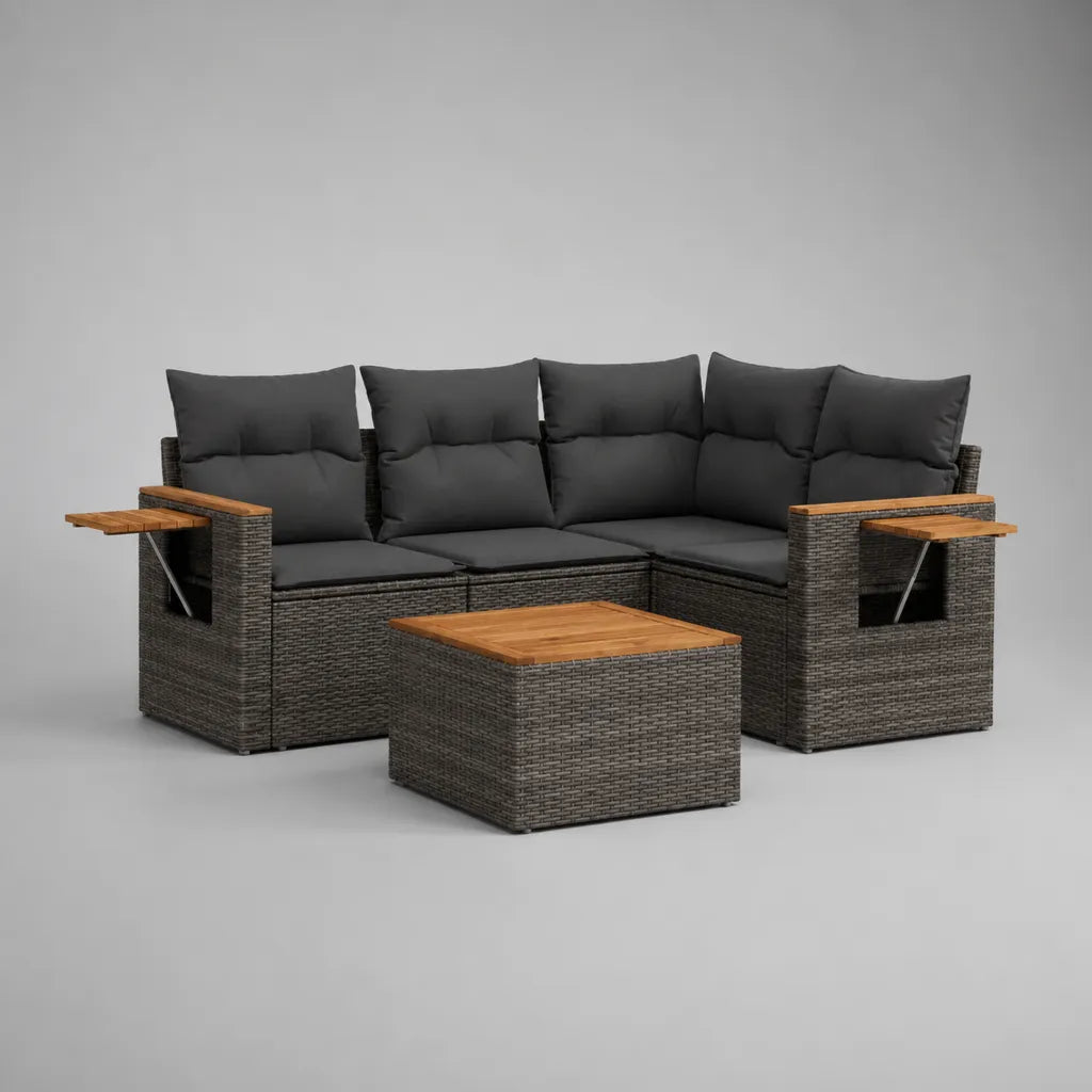 Gartenlounge-Ecksofa-Set, 5-Sitzer, L-förmig, aus PE-Rattan, Stahl und Akazienholz, mit Tisch und Seitenablagen, Dunkelgrau/Dunkelbraun/Naturbraun, 218 × 218 × 85 cm